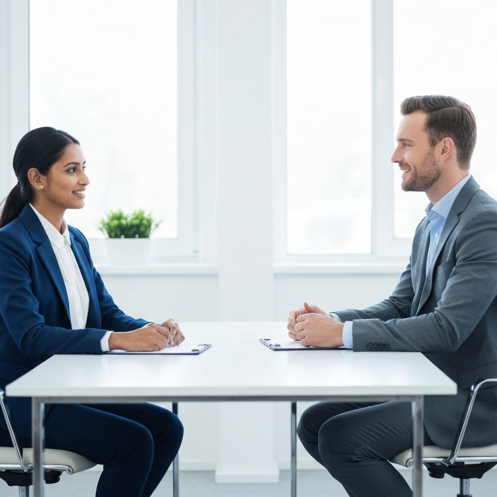Two professionals conducting a job interview in a modern office